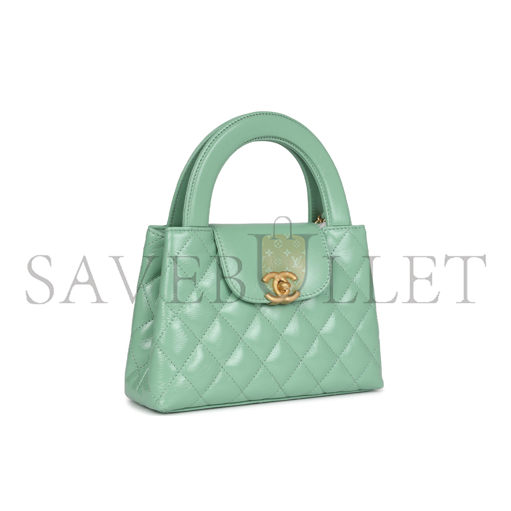 CHANEL MASTER KELLY SHOPPER LIGHT GREEN SHINY CALFSKIN BRUSH GOLD HARDWARE (19*13*7cm)